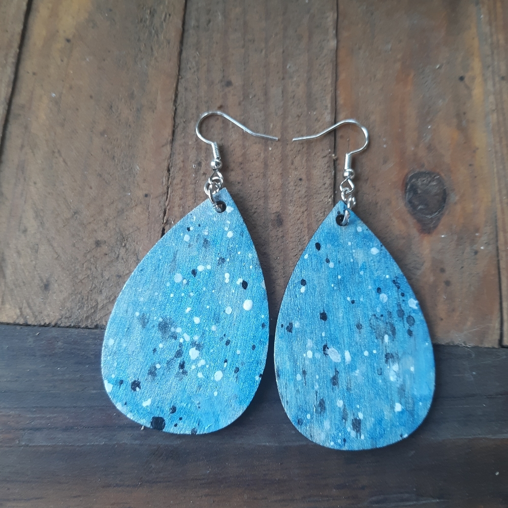 Blue and silver handpainted wood earrings